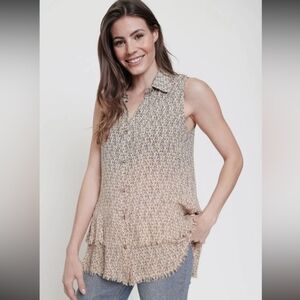 Boho Blouse Frayed Hem Button Down Sleeveless Multi Bleached Color